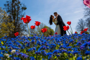silhouette couple in blue flowers